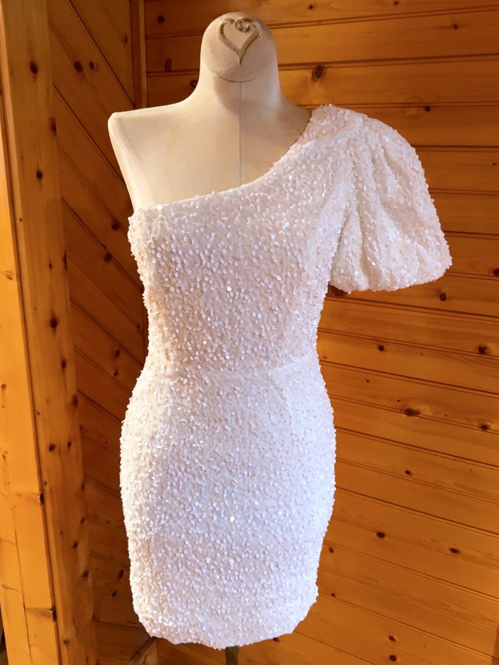 Petal & Pup White Sequin One Shoulder Puff Sleeve Bridal Mini Dress S NWT
